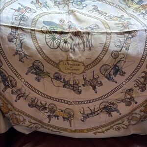 Hermes La Promenade de Longchamps Silk Scarf — Cream, Gold & Blue Accents